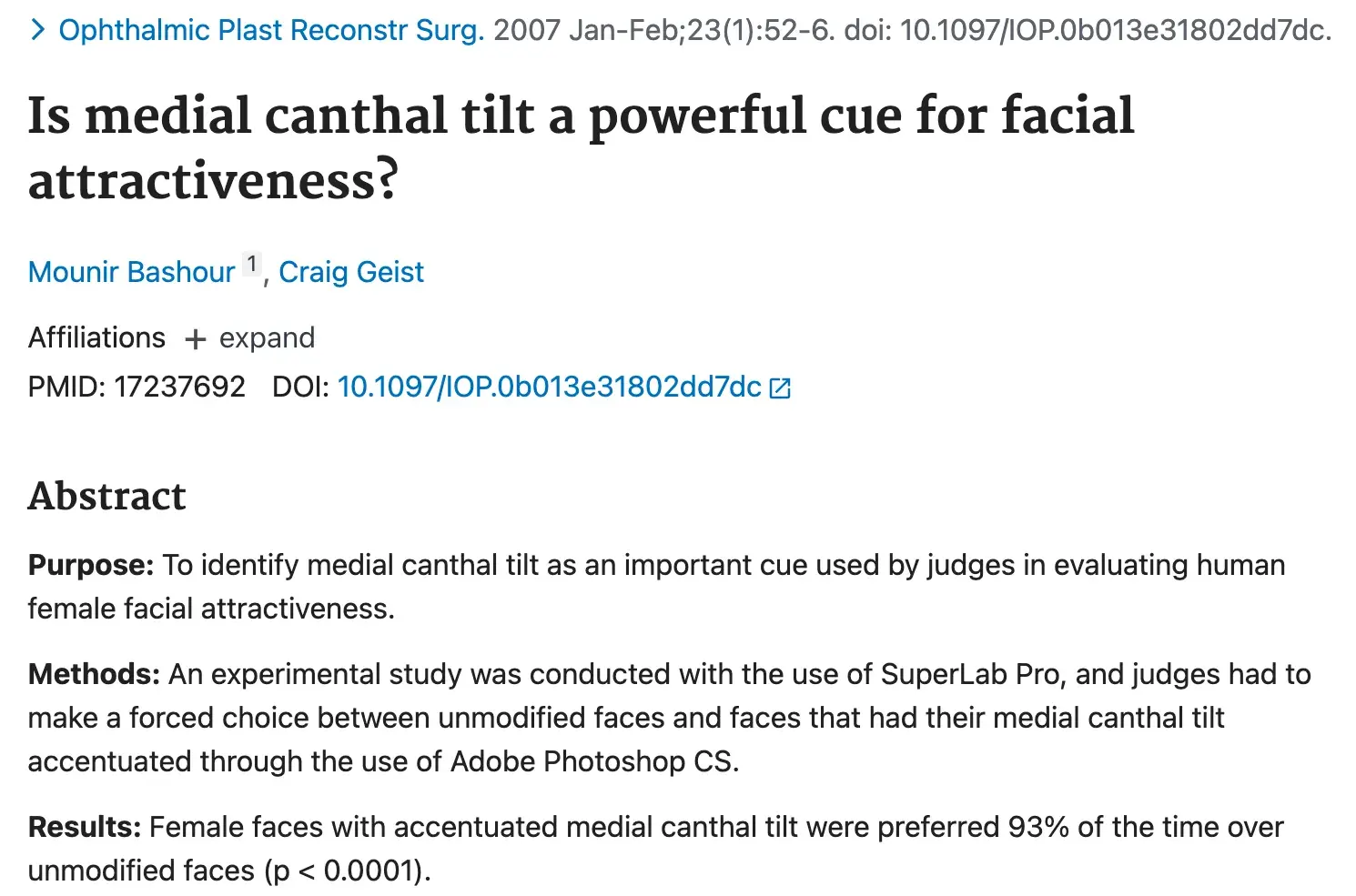 The PubMed record of the 2007 study "Is medial canthal tilt a powerful cue for facial attractiveness?" by Mounir Bashour and Craig Geist, showing the 93% result