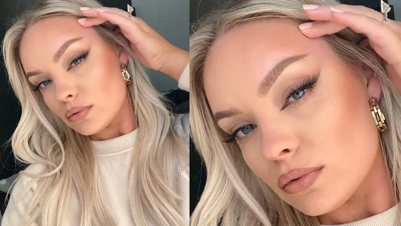Beauty creator Brianna Fox wearing the fox-eye makeup look, with winged liner drawn up toward the temples